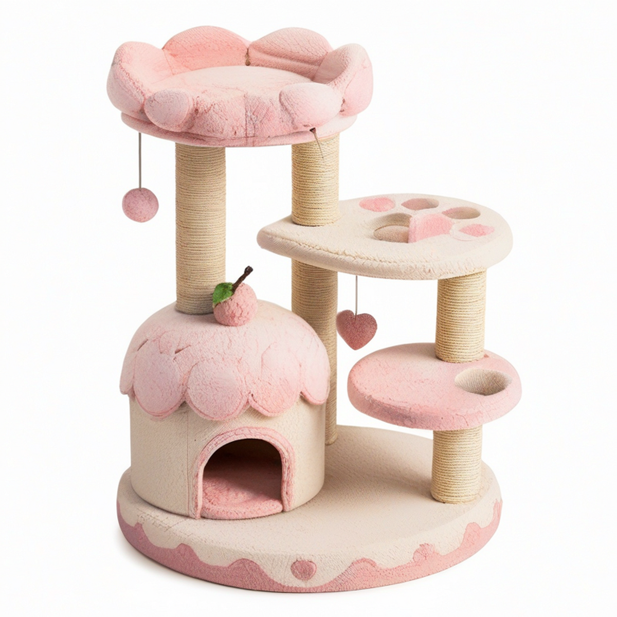 Arbre à chat rose, crème et beige avec niche, plateformes et griffoirs en sisal, 70 x 50 x 115 cm