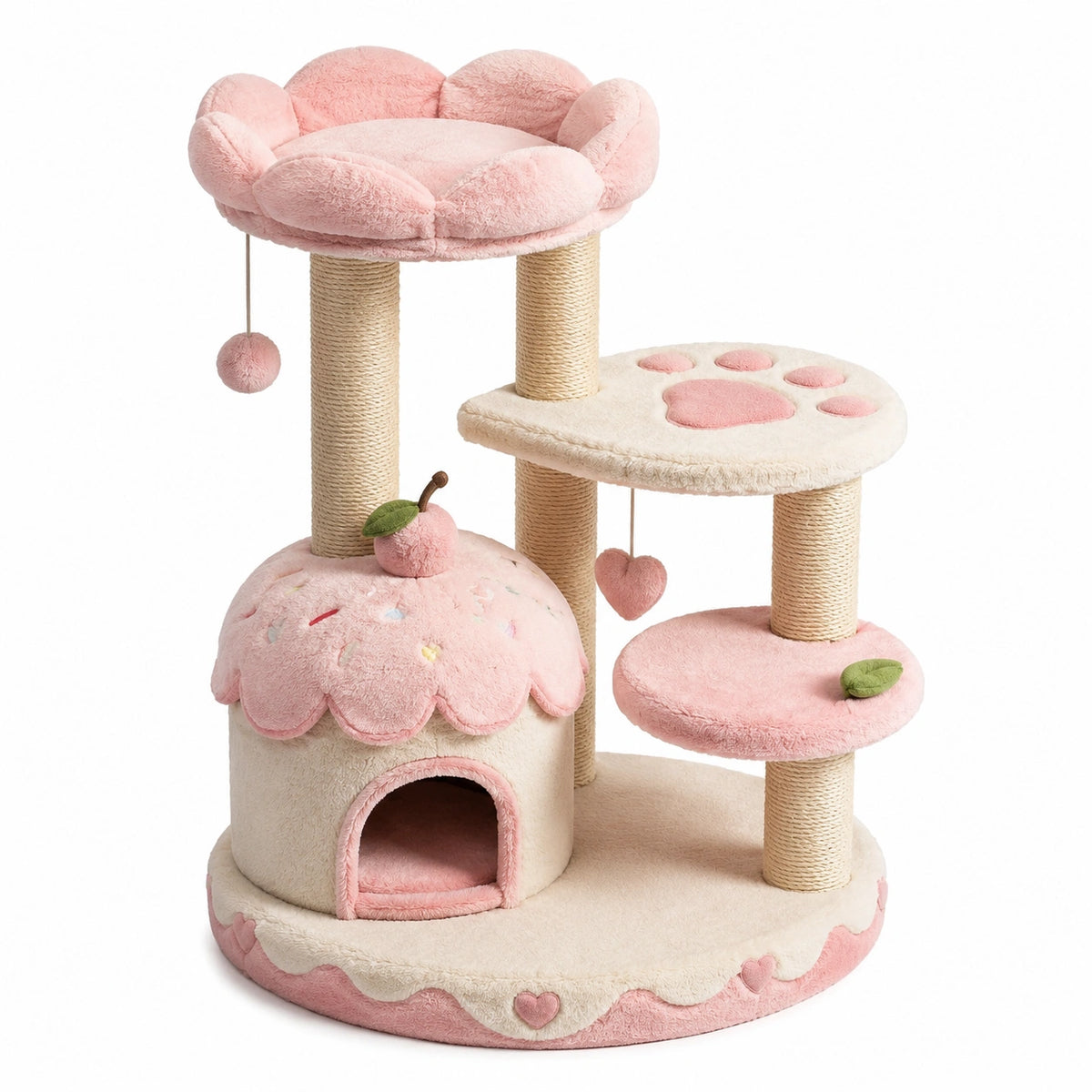 Arbre à chat rose, crème et beige avec niche, plateformes et griffoirs en sisal, 70 x 50 x 115 cm