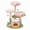 Arbre à chat floral en sisal et tissu rose, blanc, vert, jaune et beige, 80 x 60 x 135 cm