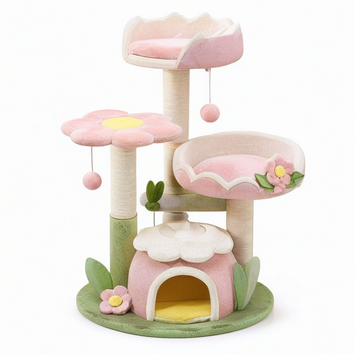 Arbre à chat floral en sisal et tissu rose, blanc, vert, jaune et beige, 80 x 60 x 135 cm