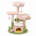 Arbre à chat floral en sisal et tissu rose, blanc, vert, jaune et beige, 80 x 60 x 135 cm