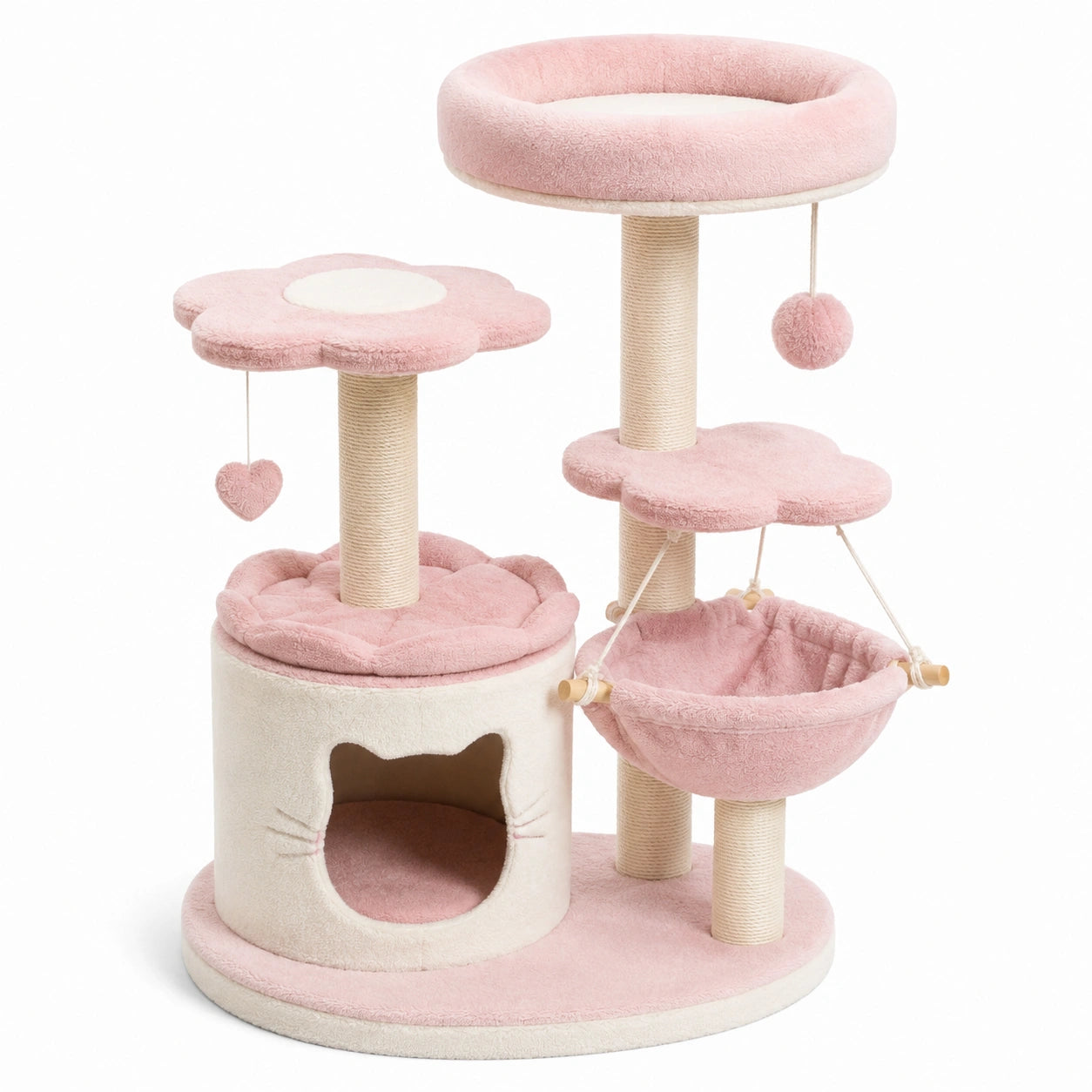 Arbre à chat 89 x 48 x 100 cm rose, blanc cassé et beige avec niche, hamac, plateformes fleuries et griffoirs