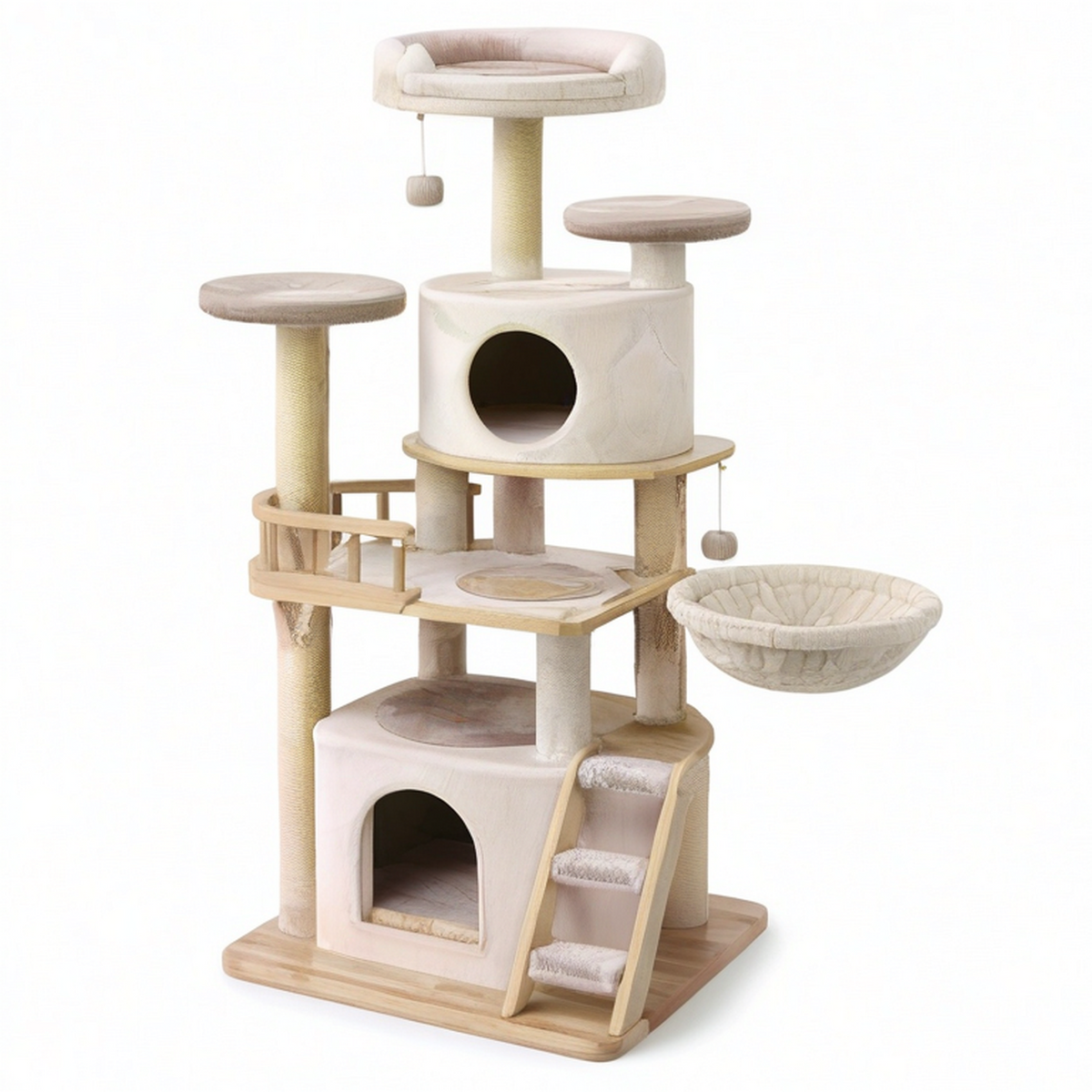 Arbre à chat multiniveau beige et marron clair avec niches, hamac et plateformes, 90 x 60 x 180 cm
