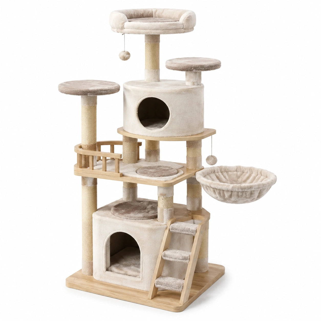 Arbre à chat multiniveau beige et marron clair avec niches, hamac et plateformes, 90 x 60 x 180 cm