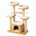 Arbre à chat multiniveau en bois clair, sisal et peluche beige avec niche et couchages, 105 x 60 x 145 cm