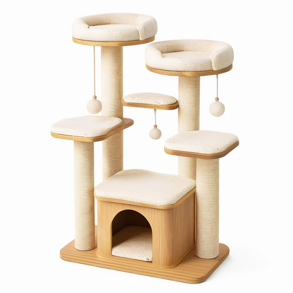 Arbre à chat multiniveau en bois clair, sisal et peluche beige avec niche et couchages, 105 x 60 x 145 cm