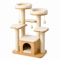 Arbre à chat multiniveau en bois clair, sisal et peluche beige avec niche et couchages, 105 x 60 x 145 cm
