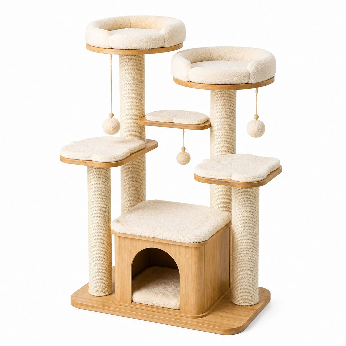Arbre à chat multiniveau en bois clair, sisal et peluche beige avec niche et couchages, 105 x 60 x 145 cm