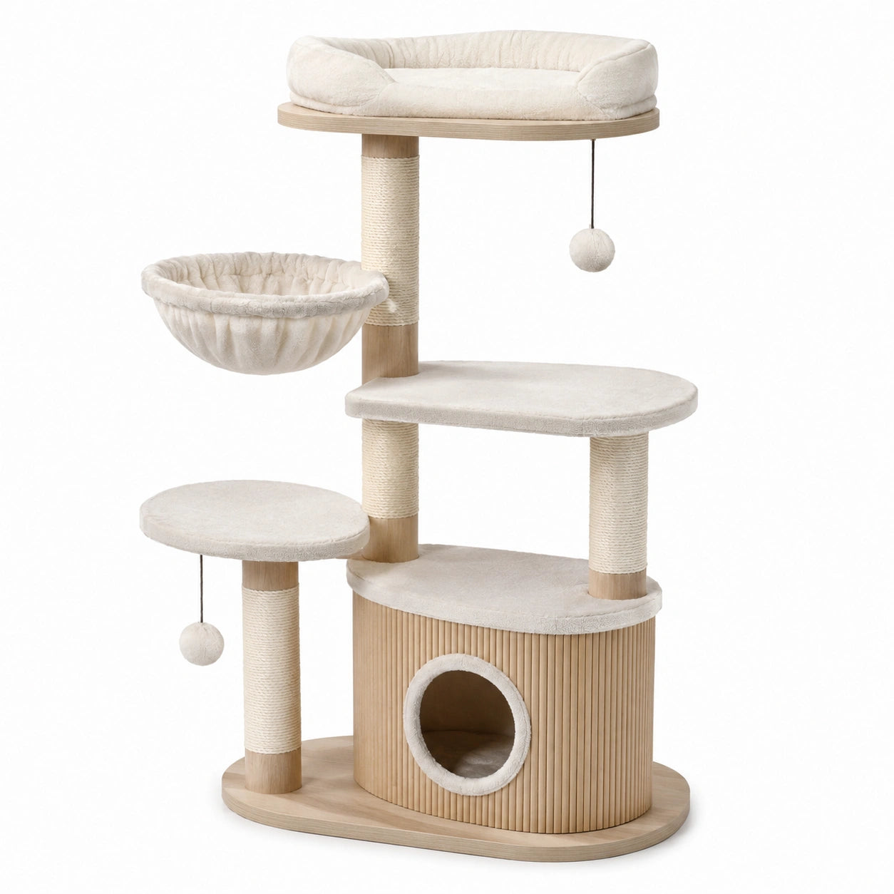 Arbre à chat en bois naturel et textile beige avec niche, hamac et griffoirs, 100 x 50 x 150 cm