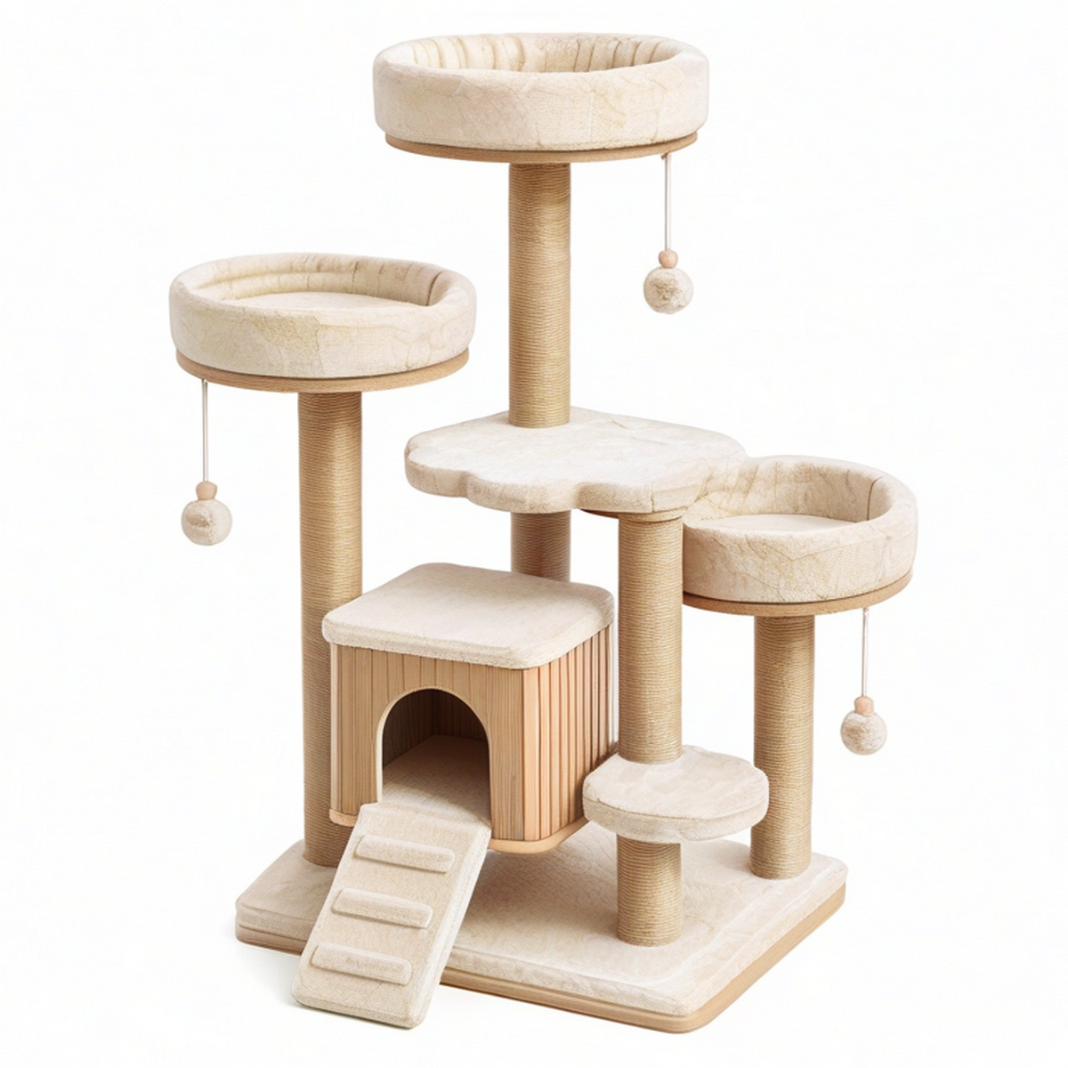 Arbre à chat multiniveau beige et bois naturel, 100 x 60 x 160 cm, avec niche, couchages et griffoirs