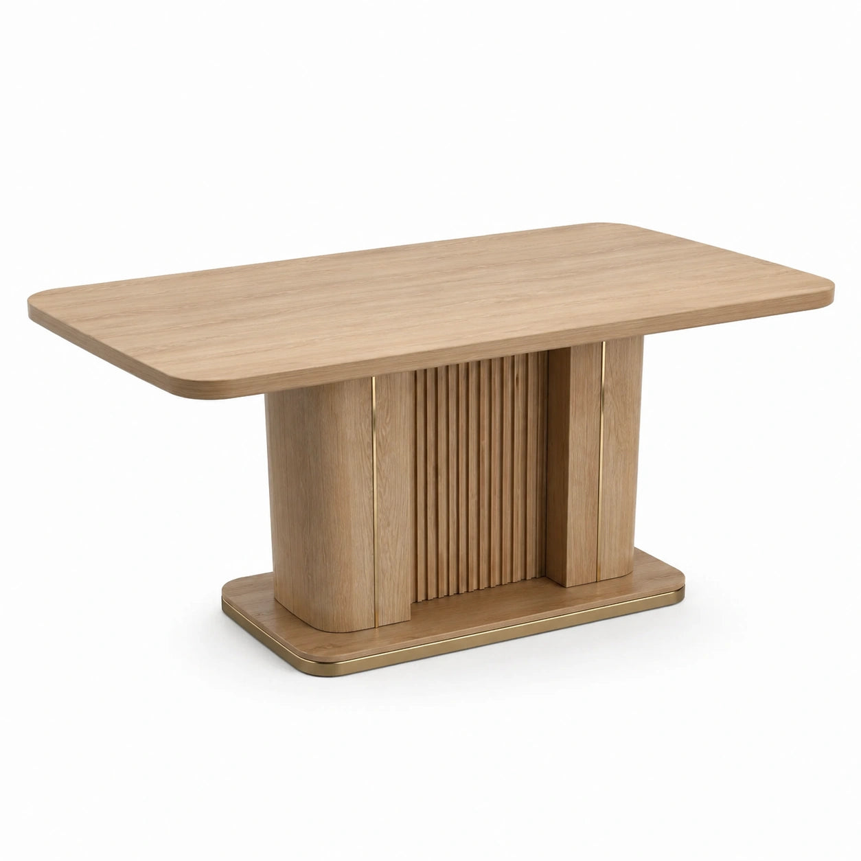 Table à manger contemporaine effet chêne naturel et doré avec piètement cannelé, 160 x 90 x 76 cm