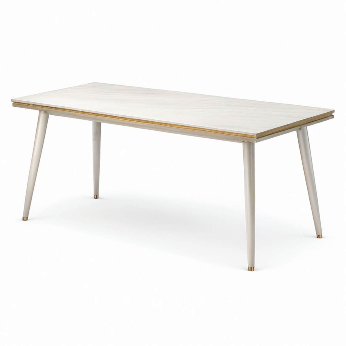 Table à manger rectangulaire blanche effet marbre avec détails dorés, 160 x 90 x 75 cm