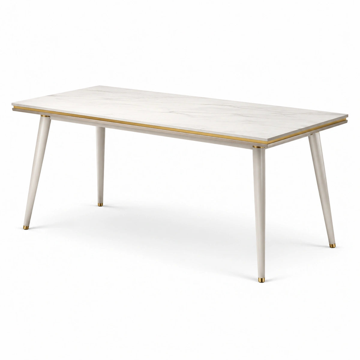 Table à manger rectangulaire blanche effet marbre avec détails dorés, 160 x 90 x 75 cm