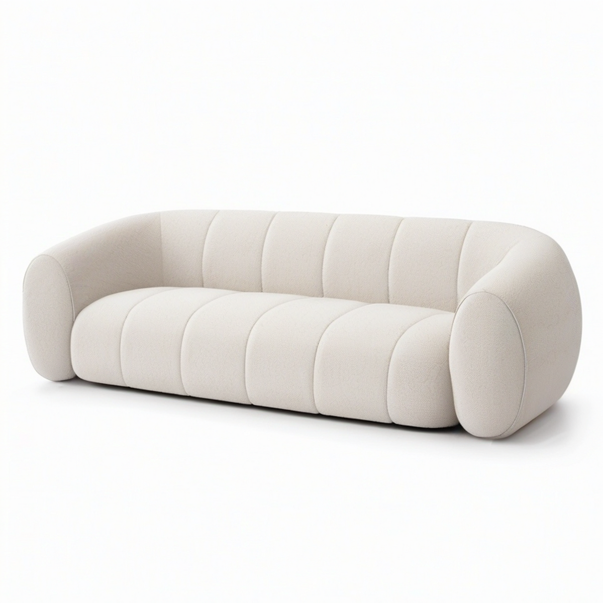 Canapé 4 places en tissu bouclé écru avec assise capitonnée, 240 x 100 x 75 cm