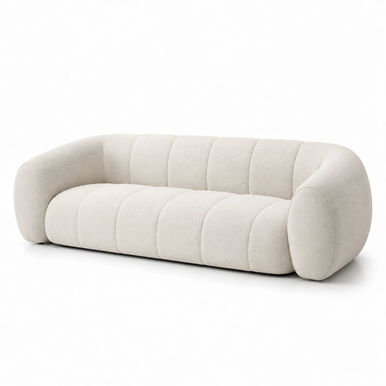 Canapé 4 places en tissu bouclé écru avec assise capitonnée, 240 x 100 x 75 cm