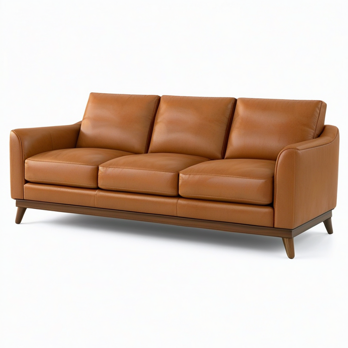 Canapé 3 places aspect cuir cognac avec piètement en bois marron, 220 x 90 x 86 cm