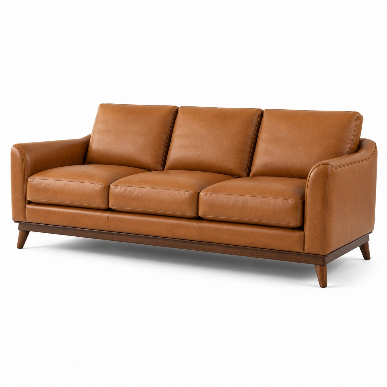 Canapé 3 places aspect cuir cognac avec piètement en bois marron, 220 x 90 x 86 cm