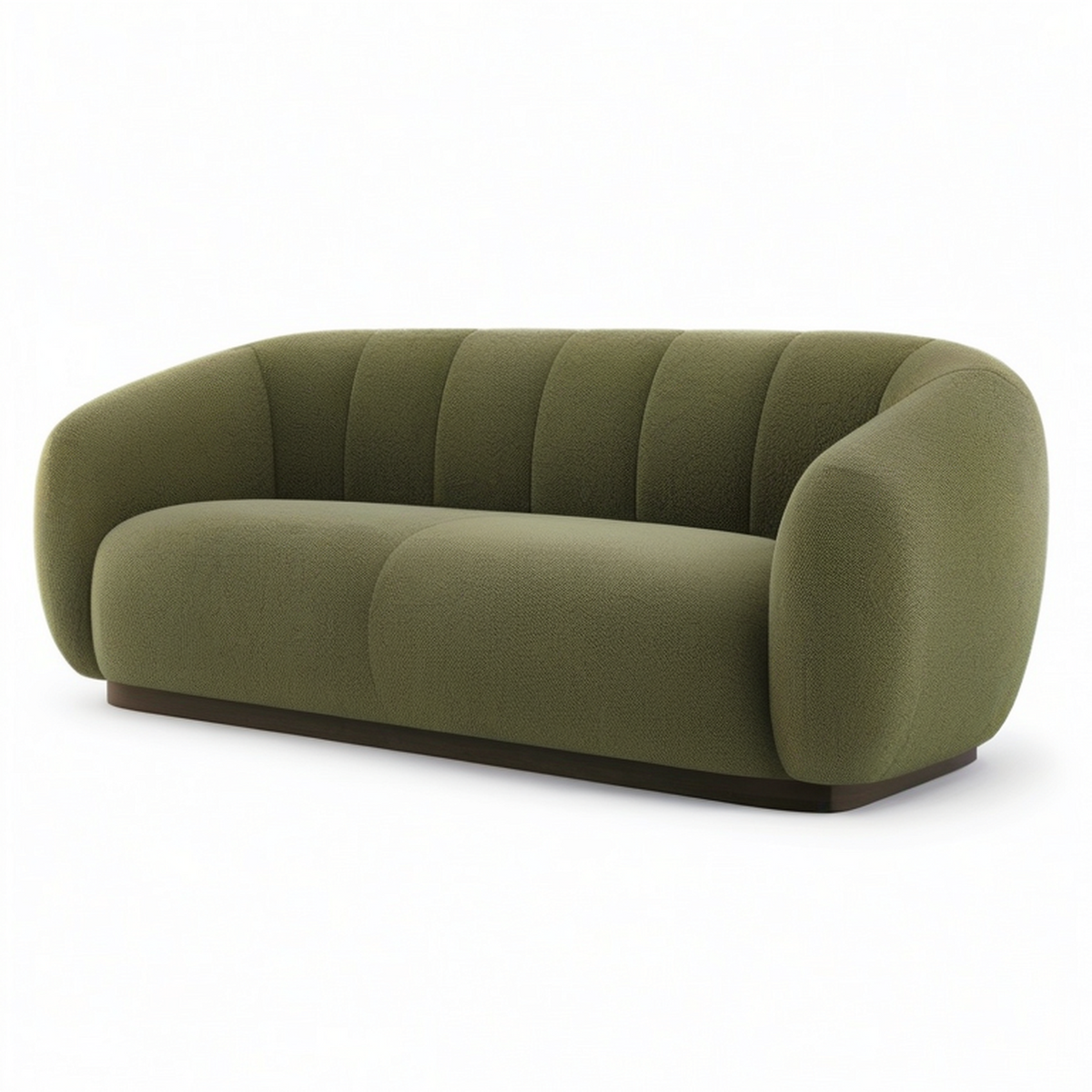 Canapé 3 places en tissu bouclé vert olive, dossier cannelé, 220 x 95 x 78 cm