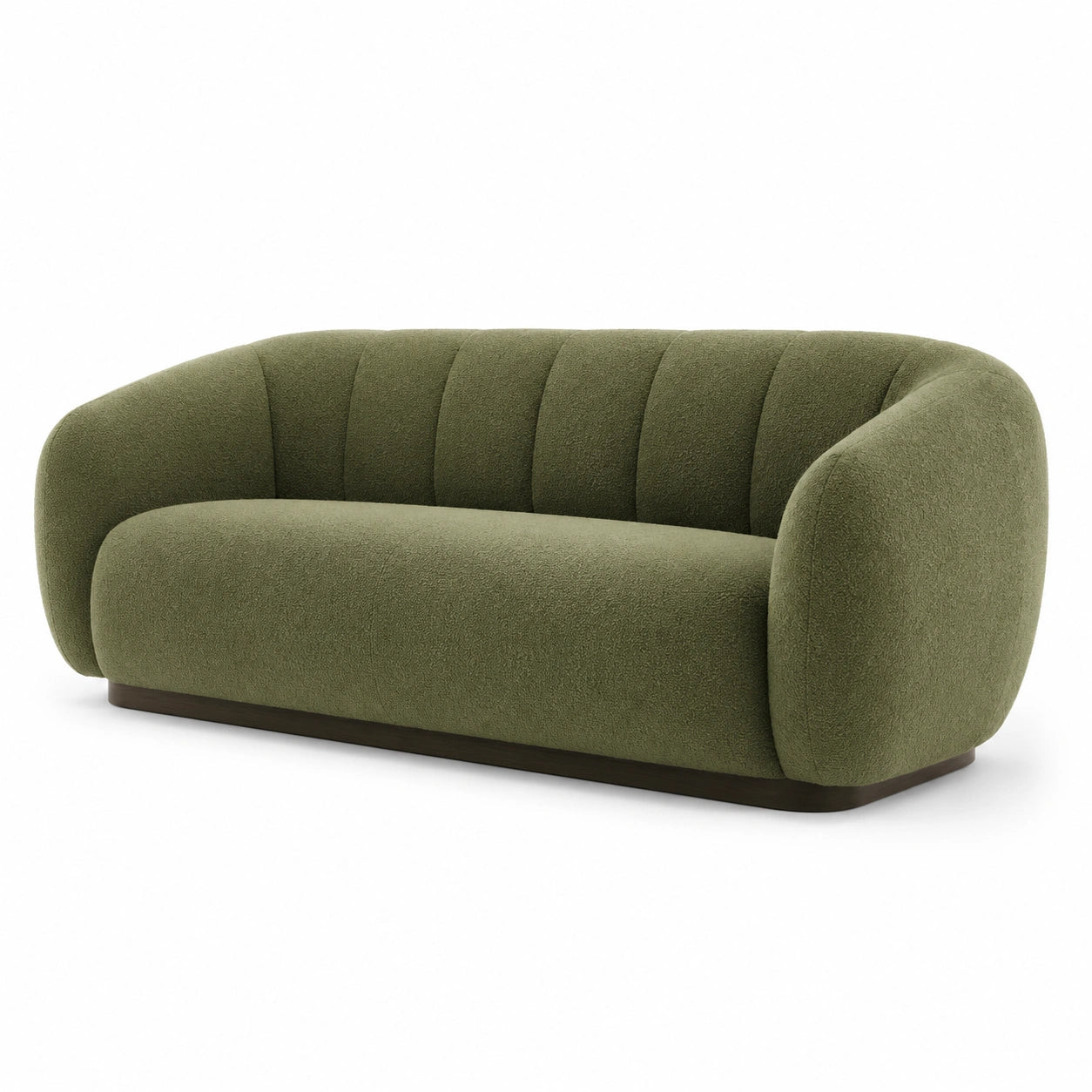 Canapé 3 places en tissu bouclé vert olive, dossier cannelé, 220 x 95 x 78 cm