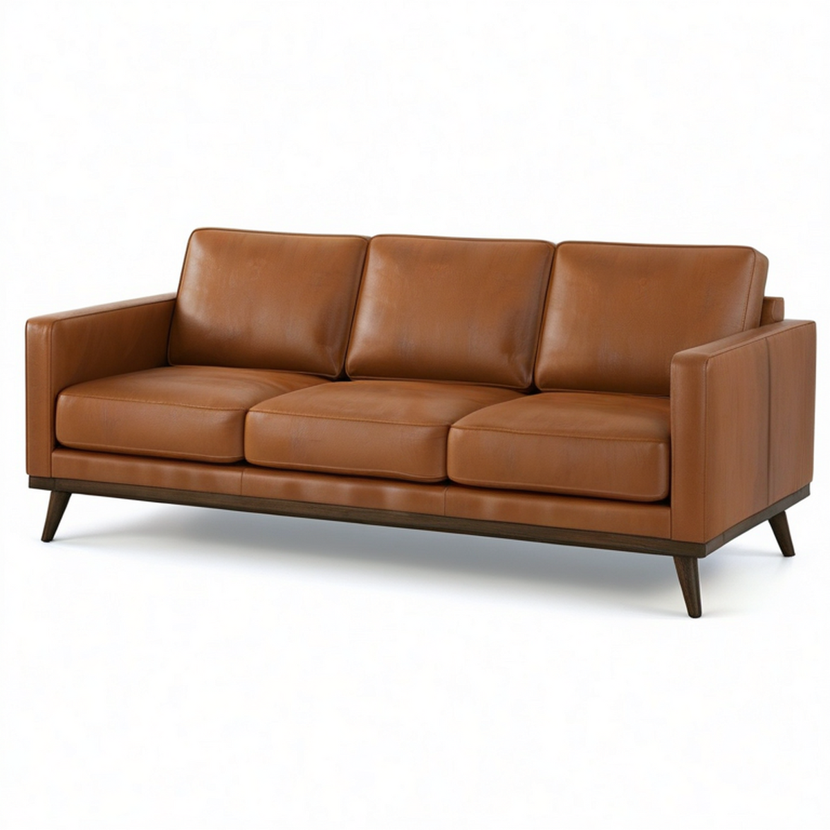 Canapé 3 places 210 x 88 x 84 cm, aspect cuir cognac avec pieds en bois marron foncé
