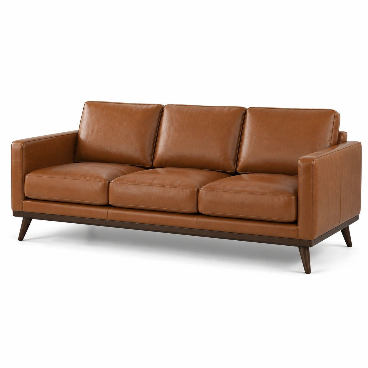 Canapé 3 places 210 x 88 x 84 cm, aspect cuir cognac avec pieds en bois marron foncé