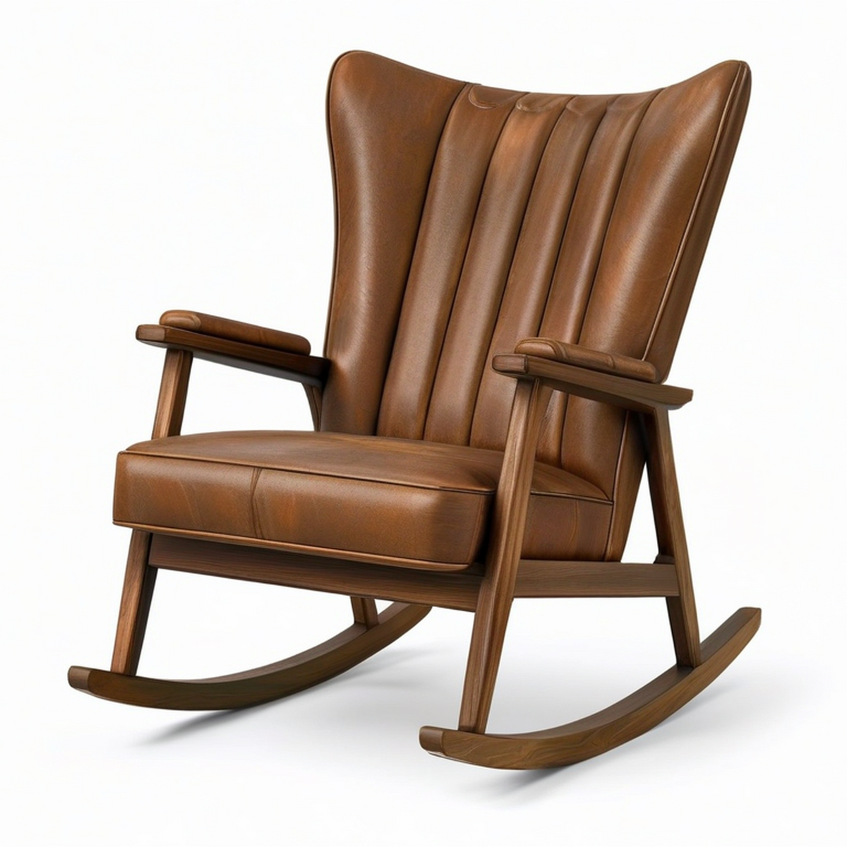 Fauteuil à bascule rétro en similicuir marron cognac et bois marron foncé, 75 x 90 x 105 cm