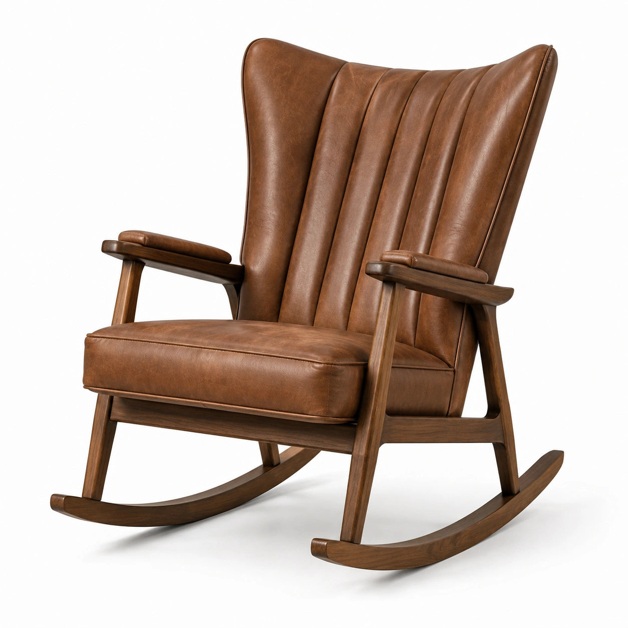 Fauteuil à bascule rétro en similicuir marron cognac et bois marron foncé, 75 x 90 x 105 cm