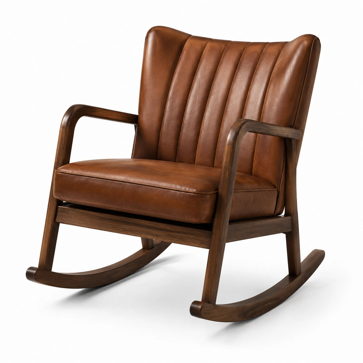 Fauteuil à bascule rétro en bois marron et revêtement effet cuir cognac, 74 x 92 x 99 cm