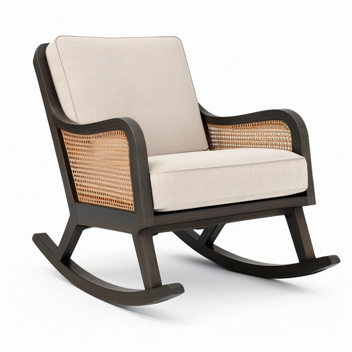 Fauteuil à bascule rétro en bois brun foncé et cannage naturel avec coussins beiges, 74 x 94 x 96 cm