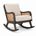 Fauteuil à bascule rétro en bois brun foncé et cannage naturel avec coussins beiges, 74 x 94 x 96 cm