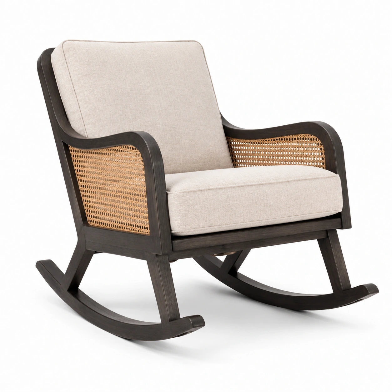 Fauteuil à bascule rétro en bois brun foncé et cannage naturel avec coussins beiges, 74 x 94 x 96 cm