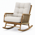 Fauteuil à bascule en bois brun et tissu beige avec accoudoirs tressés, 96 x 78 x 100 cm