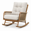 Fauteuil à bascule en bois brun et tissu beige avec accoudoirs tressés, 96 x 78 x 100 cm