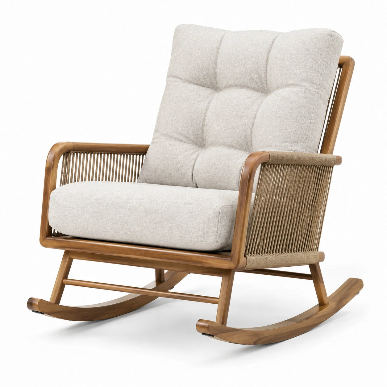 Fauteuil à bascule en bois brun et tissu beige avec accoudoirs tressés, 96 x 78 x 100 cm