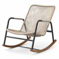 Fauteuil à bascule contemporain en corde beige, métal noir et bois marron, 77 x 100 x 92 cm