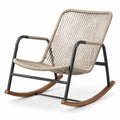 Fauteuil à bascule contemporain en corde beige, métal noir et bois marron, 77 x 100 x 92 cm
