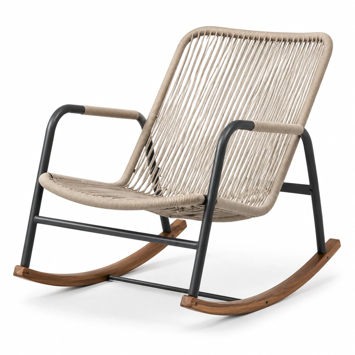 Fauteuil à bascule contemporain en corde beige, métal noir et bois marron, 77 x 100 x 92 cm