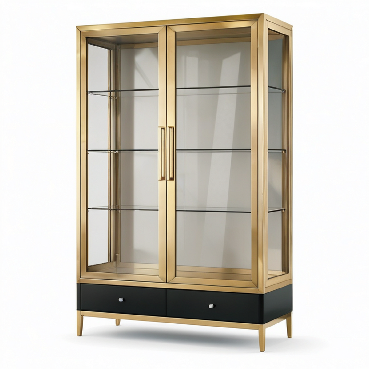 Vitrine contemporaine en métal doré et verre avec 2 portes, 2 tiroirs et 3 étagères, 100 x 40 x 190 cm