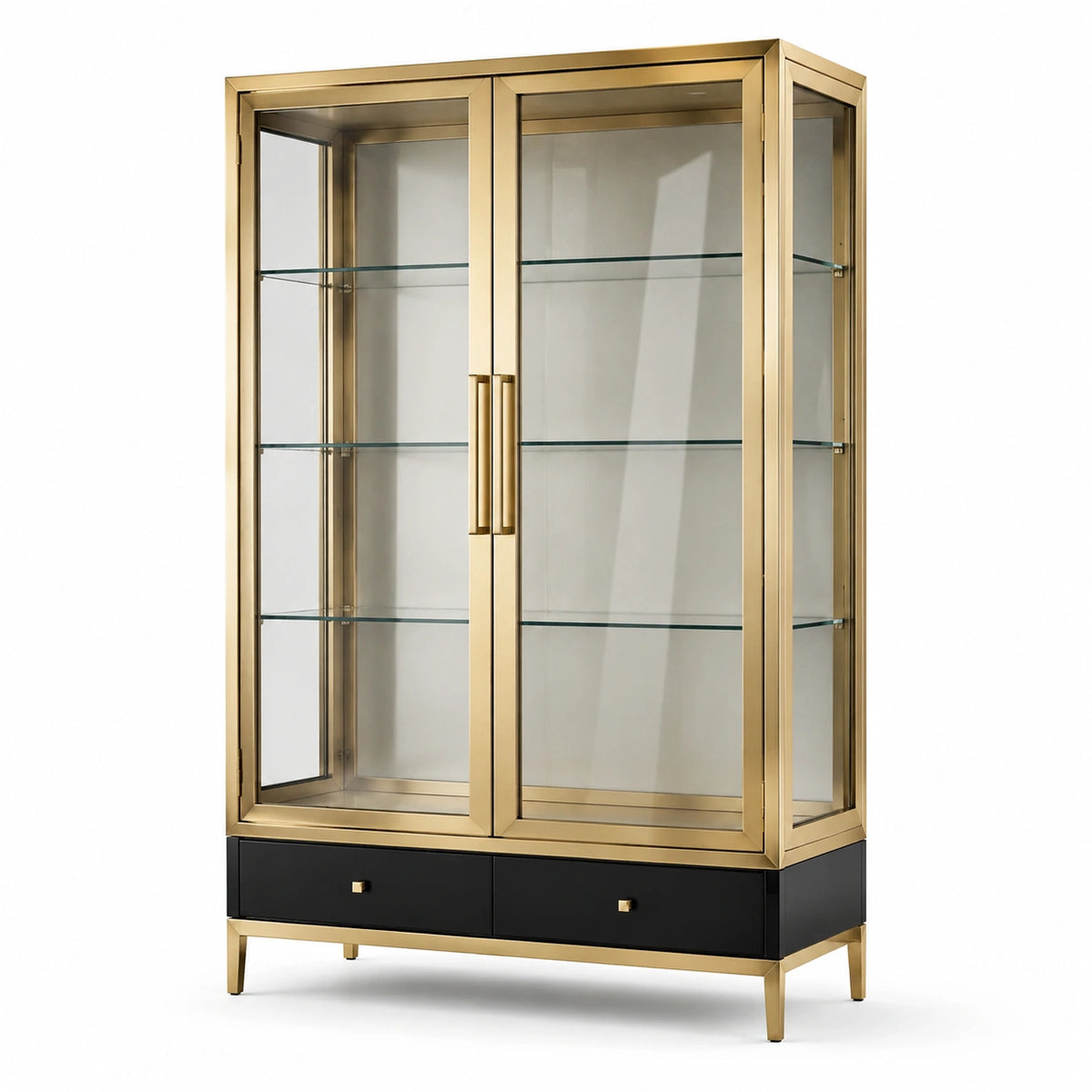 Vitrine contemporaine en métal doré et verre avec 2 portes, 2 tiroirs et 3 étagères, 100 x 40 x 190 cm