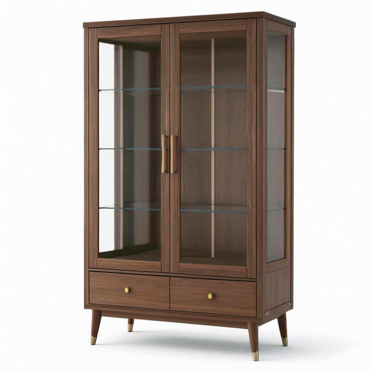 Vitrine marron en verre transparent avec finitions laiton, 2 portes, 2 tiroirs et 3 étagères, 100 x 40 x 180 cm