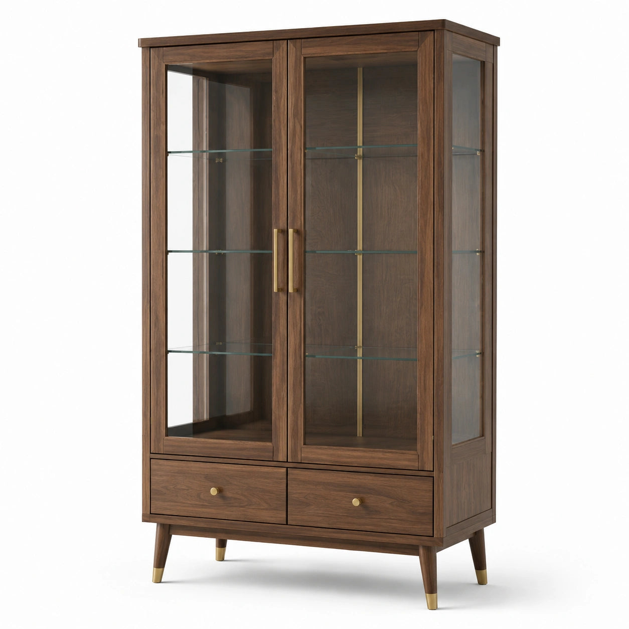 Vitrine marron en verre transparent avec finitions laiton, 2 portes, 2 tiroirs et 3 étagères, 100 x 40 x 180 cm