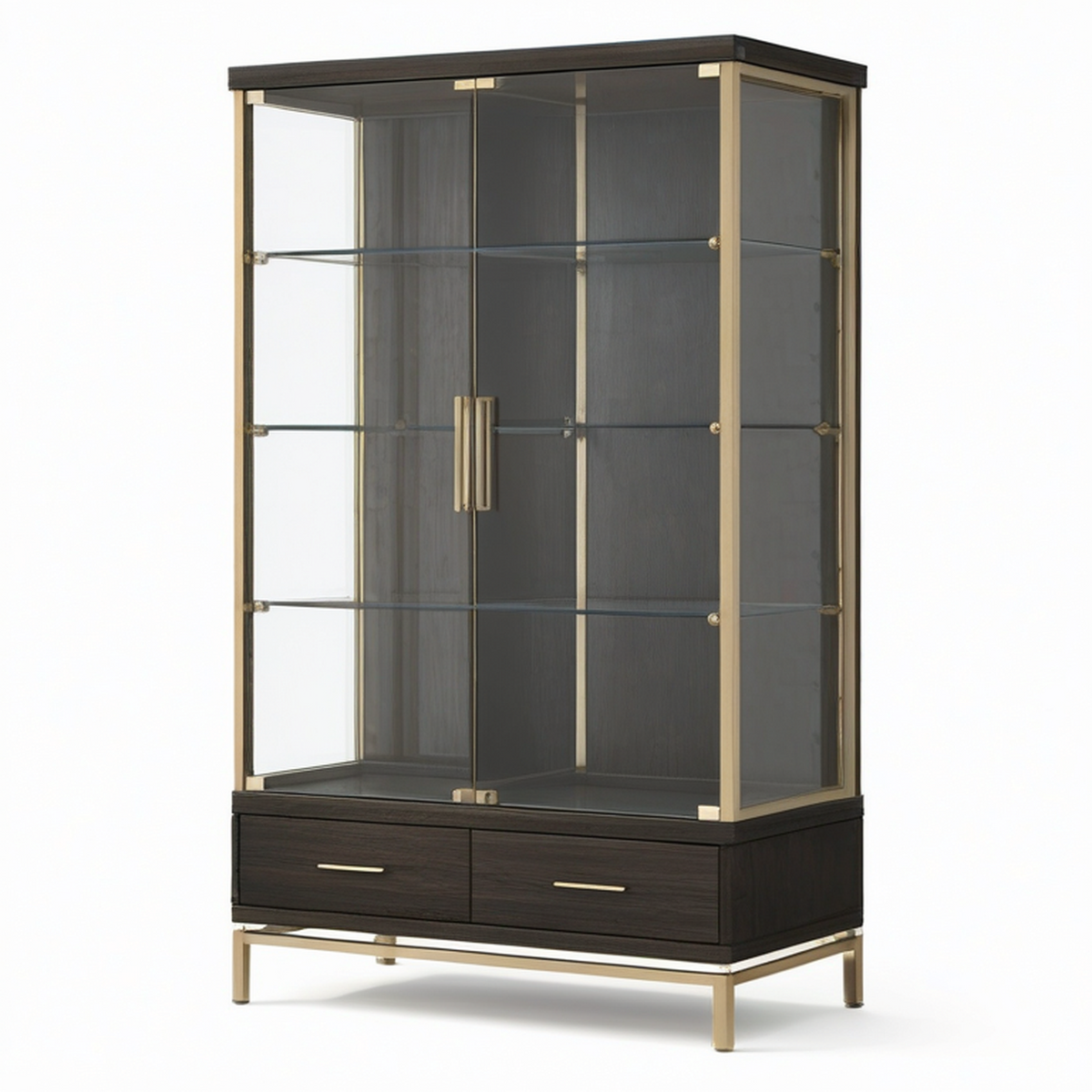 Vitrine contemporaine noire, dorée et transparente, 110 x 45 x 190 cm, 2 portes vitrées, 3 étagères et 2 tiroirs