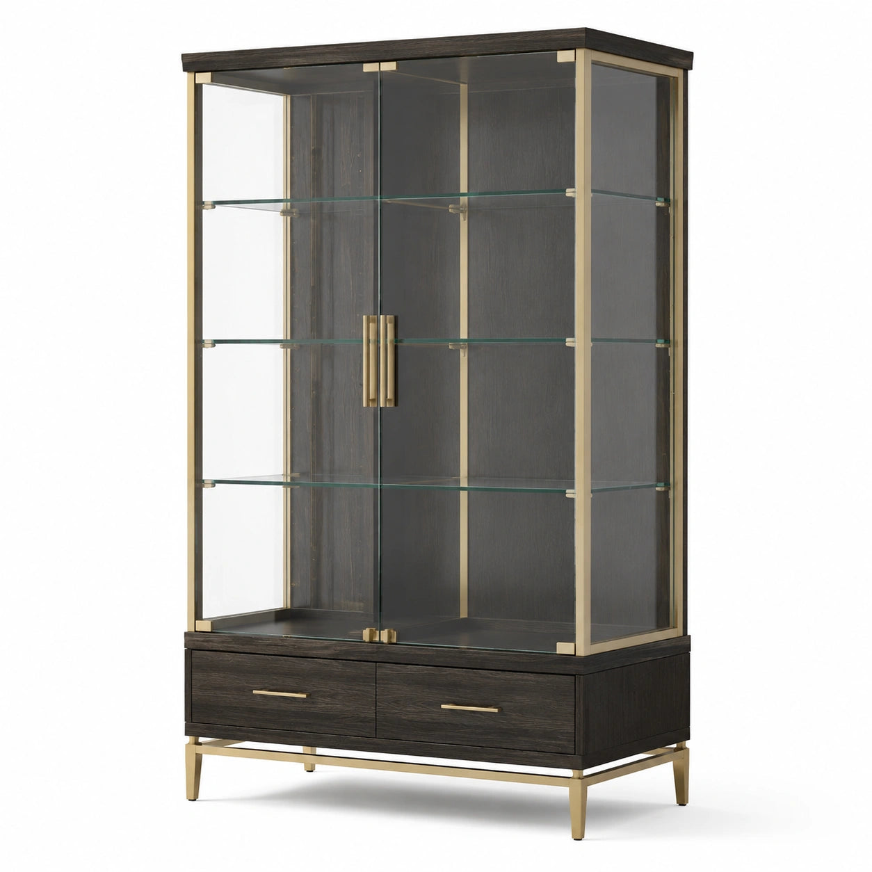 Vitrine contemporaine noire, dorée et transparente, 110 x 45 x 190 cm, 2 portes vitrées, 3 étagères et 2 tiroirs