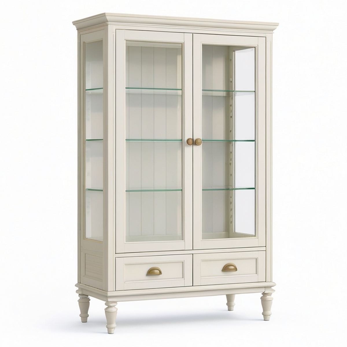 Vitrine classique en bois blanc cassé et verre, 2 portes, 2 tiroirs, 110 x 45 x 190 cm