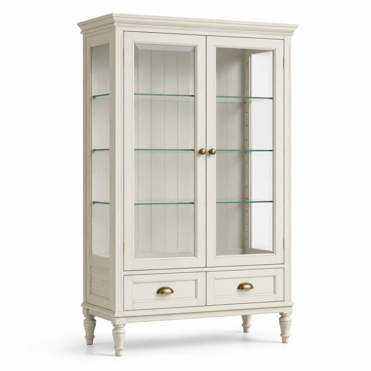 Vitrine classique en bois blanc cassé et verre, 2 portes, 2 tiroirs, 110 x 45 x 190 cm