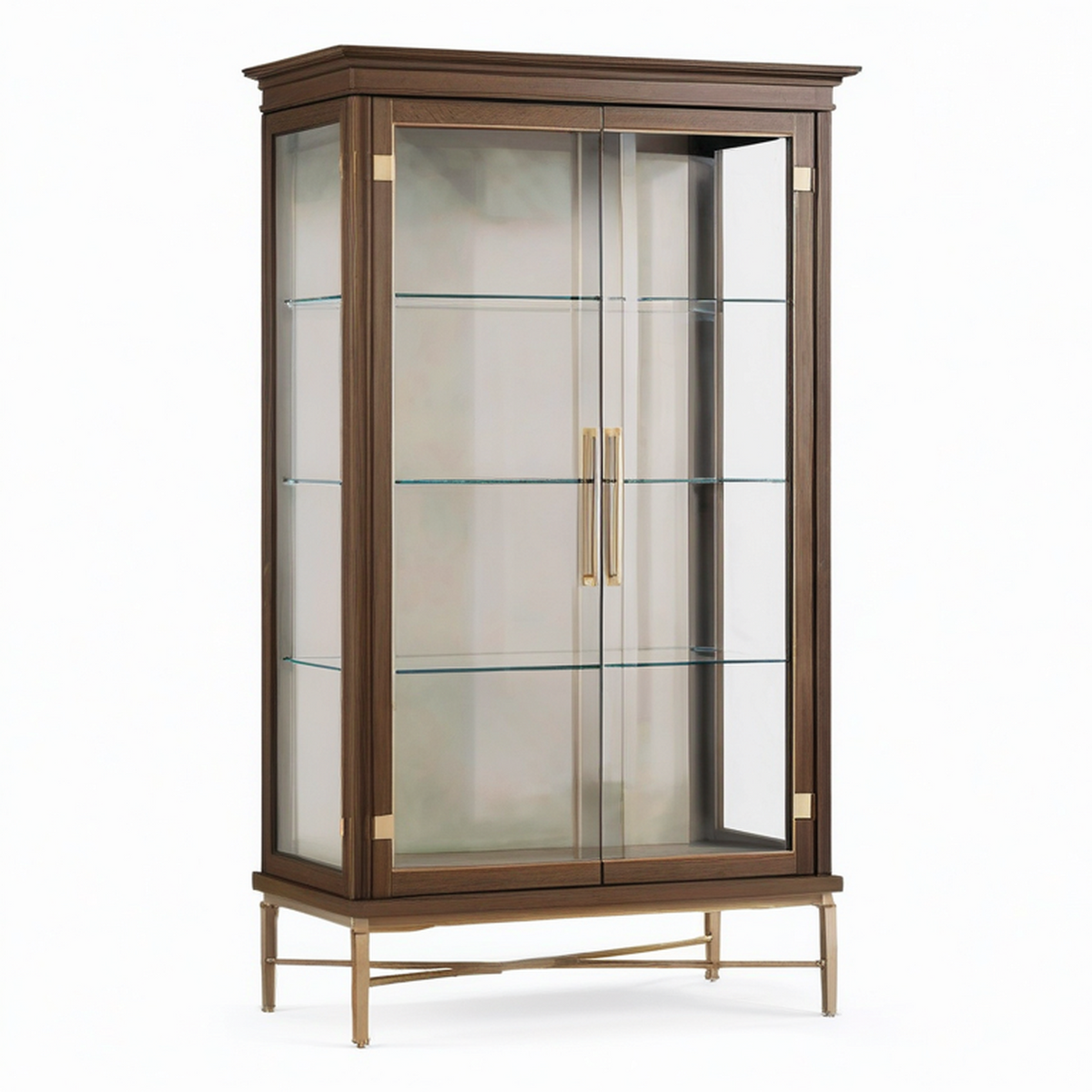 Vitrine en bois brun et verre transparent avec finitions en laiton, 100 x 45 x 190 cm