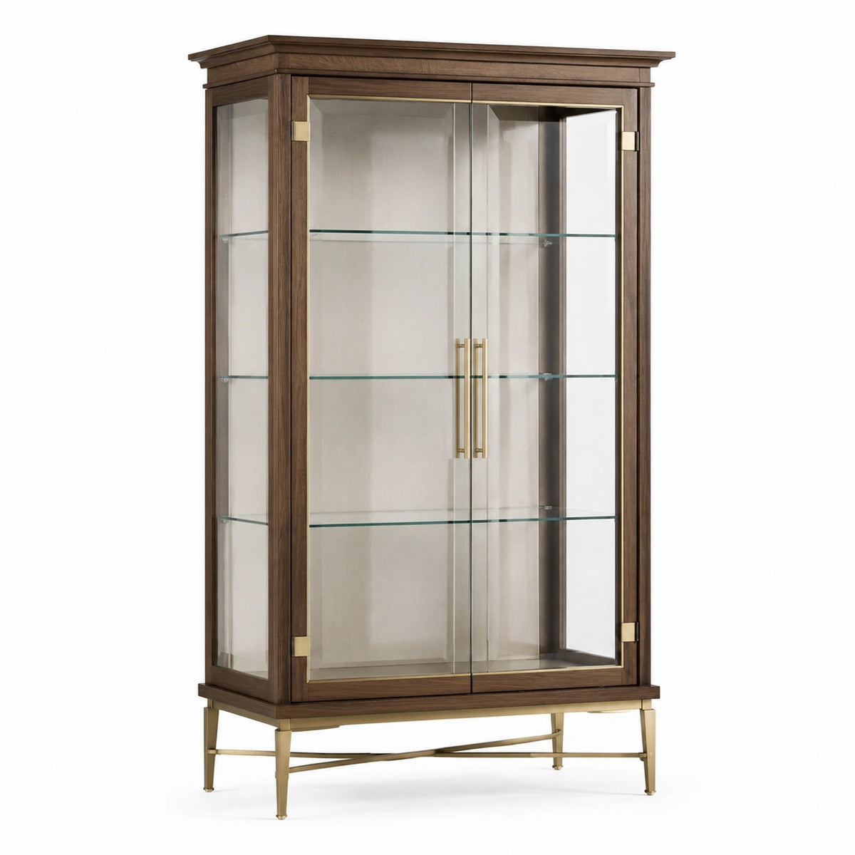 Vitrine en bois brun et verre transparent avec finitions en laiton, 100 x 45 x 190 cm