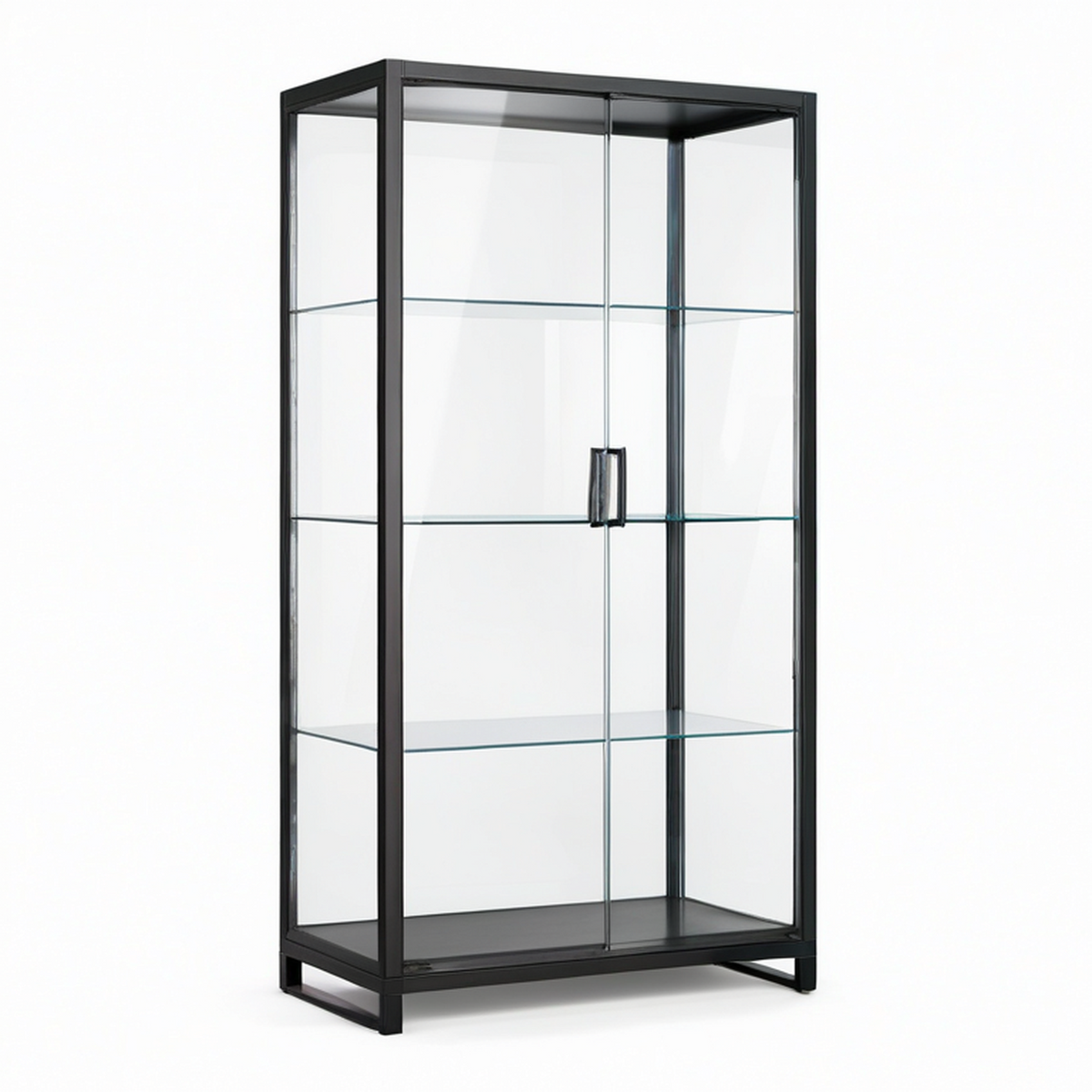 Vitrine en métal noir et verre transparent, 80 x 40 x 160 cm, 3 tablettes et 2 portes