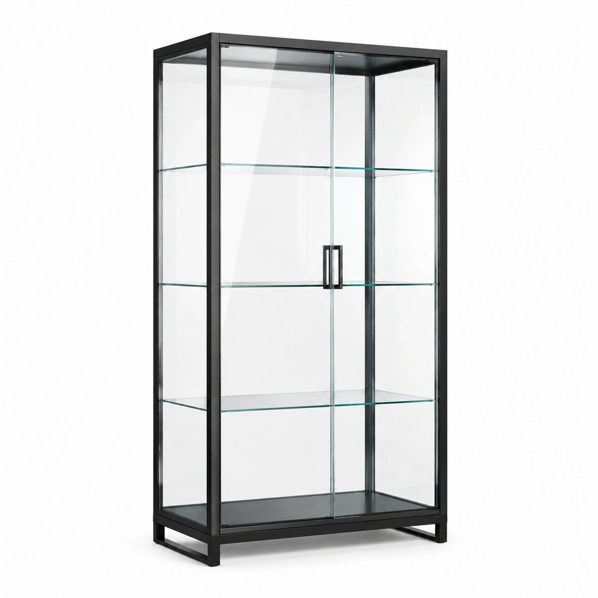 Vitrine en métal noir et verre transparent, 80 x 40 x 160 cm, 3 tablettes et 2 portes