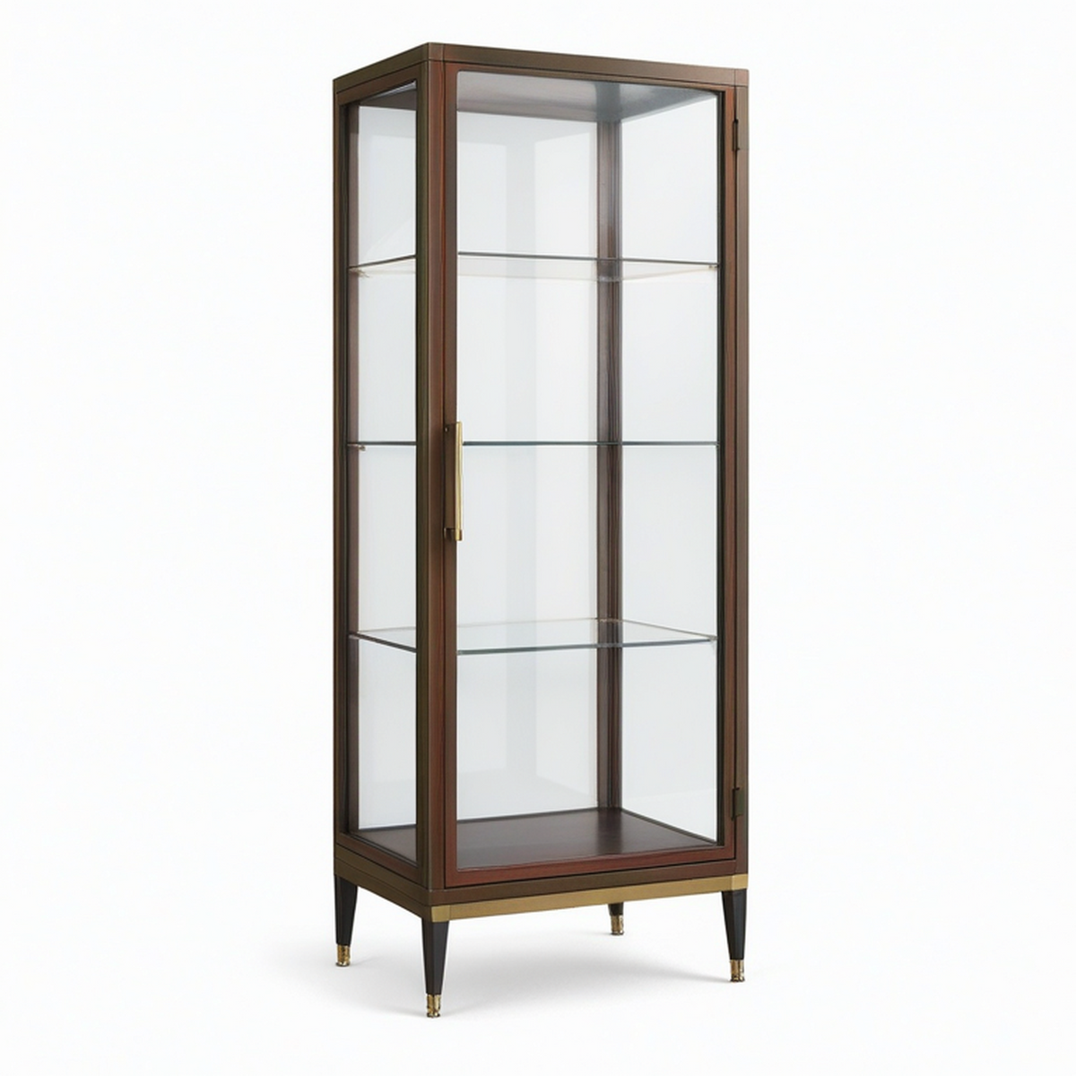 Vitrine en bois brun et verre transparent, détails dorés et noirs, 3 étagères, 80 x 40 x 190 cm